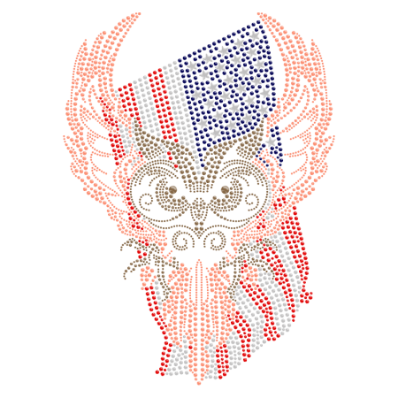 Iron on Rhinestone American Flag and Owl Antique Metal Motif